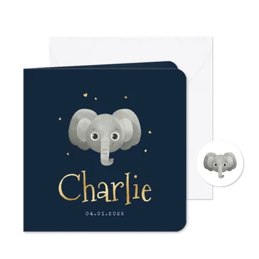 Geboortekaartje stoer olifant hoofdje hartjes goud